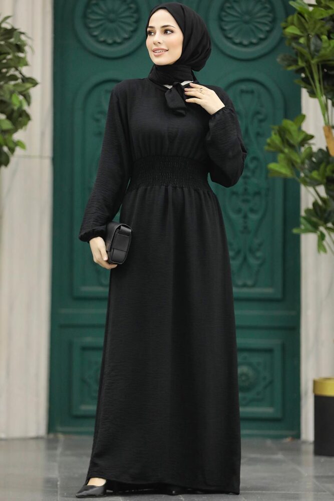 Neva Style - Yakası Bağlamalı Siyah Tesettür Elbise 5973S - 3