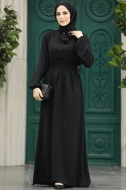 Neva Style - Yakası Bağlamalı Siyah Tesettür Elbise 5973S - Thumbnail