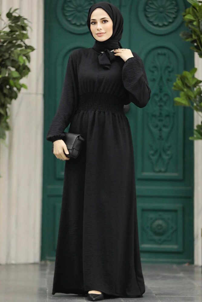 Neva Style - Yakası Bağlamalı Siyah Tesettür Elbise 5973S - 2