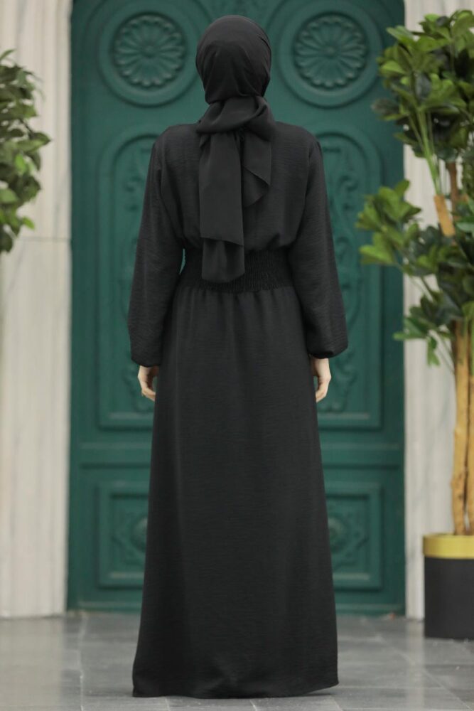 Neva Style - Yakası Bağlamalı Siyah Tesettür Elbise 5973S - 4
