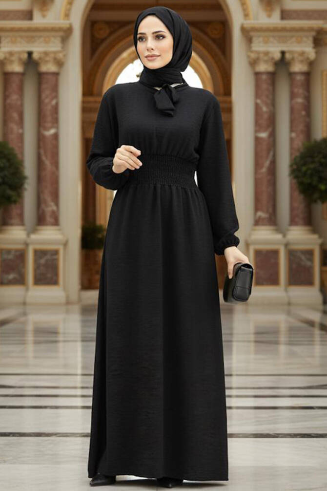  Yakası Bağlamalı Siyah Tesettür Elbise 5973S - NEVA STYLE