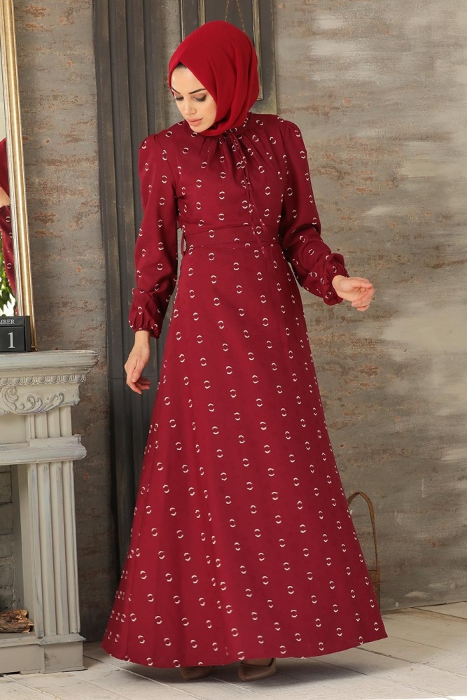  Yakası Bağlamalı Vişne Tesettür Elbise 2721VSN - 1