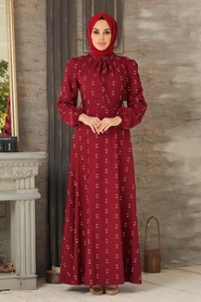 Neva Style - Yakası Bağlamalı Vişne Tesettür Elbise 2721VSN - Thumbnail