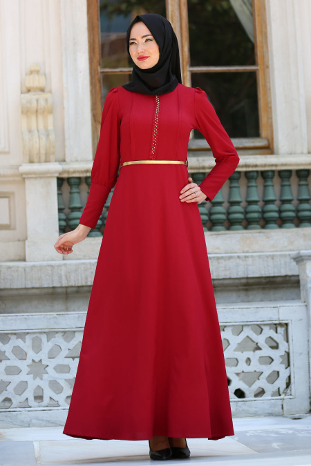 Neva Style - Yakası Boncuk Detaylı Bordo Elbise