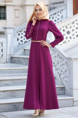 Neva Style - Yakası Boncuk Detaylı Fuşya Elbise - 1