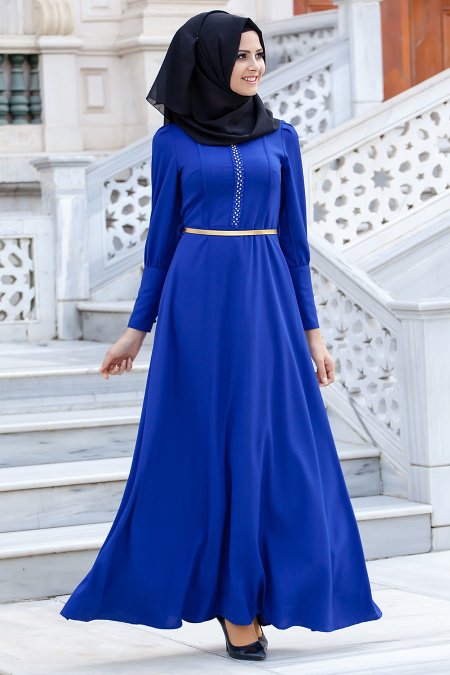 Neva Style - Yakası Boncuk Detaylı Sax Mavisi Elbise
