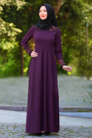 Neva Style - Yakası Dantel İşlemeli Mor Tesettür Elbise 40930MOR - Thumbnail