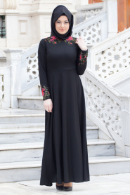 Neva Style - Yakası Dantel İşlemeli Siyah Elbise - Thumbnail