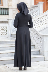Neva Style - Yakası Dantel İşlemeli Siyah Elbise - Thumbnail