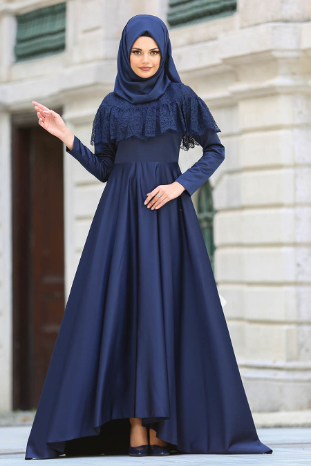 Neva Style - Yakası Dantelli Lacivert Tesettür Abiye Elbise 3573L