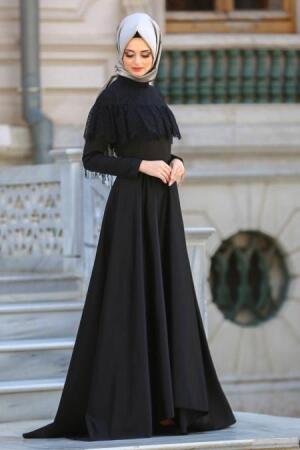 Neva Style - Yakası Dantelli Siyah Tesettür Abiye Elbise 3573S - 1