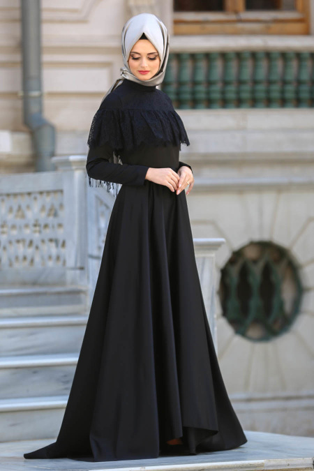 Neva Style - Yakası Dantelli Siyah Tesettür Abiye Elbise 3573S