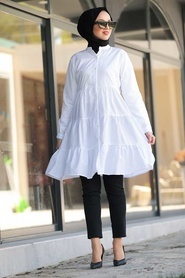 Neva Style - Yakası Detaylı Beyaz Tesettür Tunik 4514B - Thumbnail