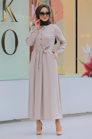 Neva Style - Yakası Düğmeli Bej Tesettür Elbise 462BEJ - Thumbnail