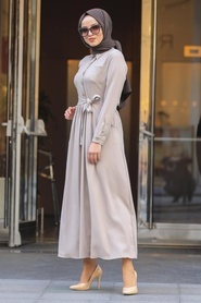 Neva Style - Yakası Düğmeli Bej Tesettür Elbise 462BEJ - Thumbnail