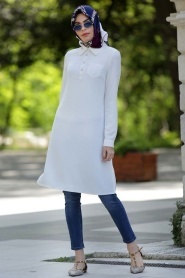 Neva Style - Yakası Düğmeli Beyaz Tunik - Thumbnail