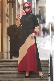 Neva Style - Yakası Düğmeli Bordo Tesettür Elbise 8749BR - Thumbnail