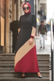 Neva Style - Yakası Düğmeli Bordo Tesettür Elbise 8749BR - Thumbnail