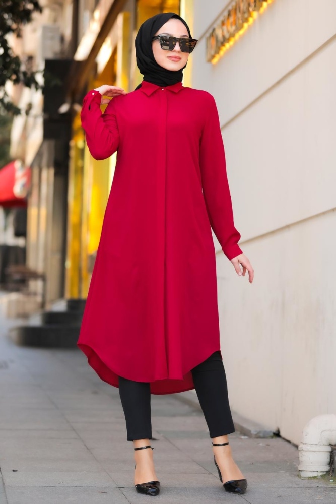 Neva Style - Yakası Düğmeli Bordo Tesettür Tunik 517BR - 1