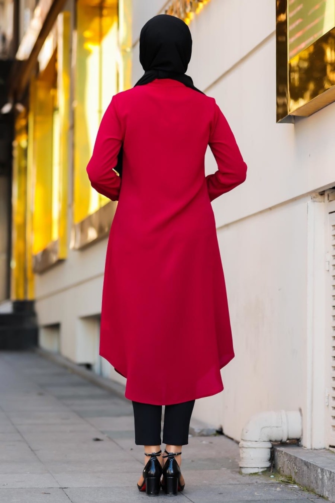Neva Style - Yakası Düğmeli Bordo Tesettür Tunik 517BR - 3