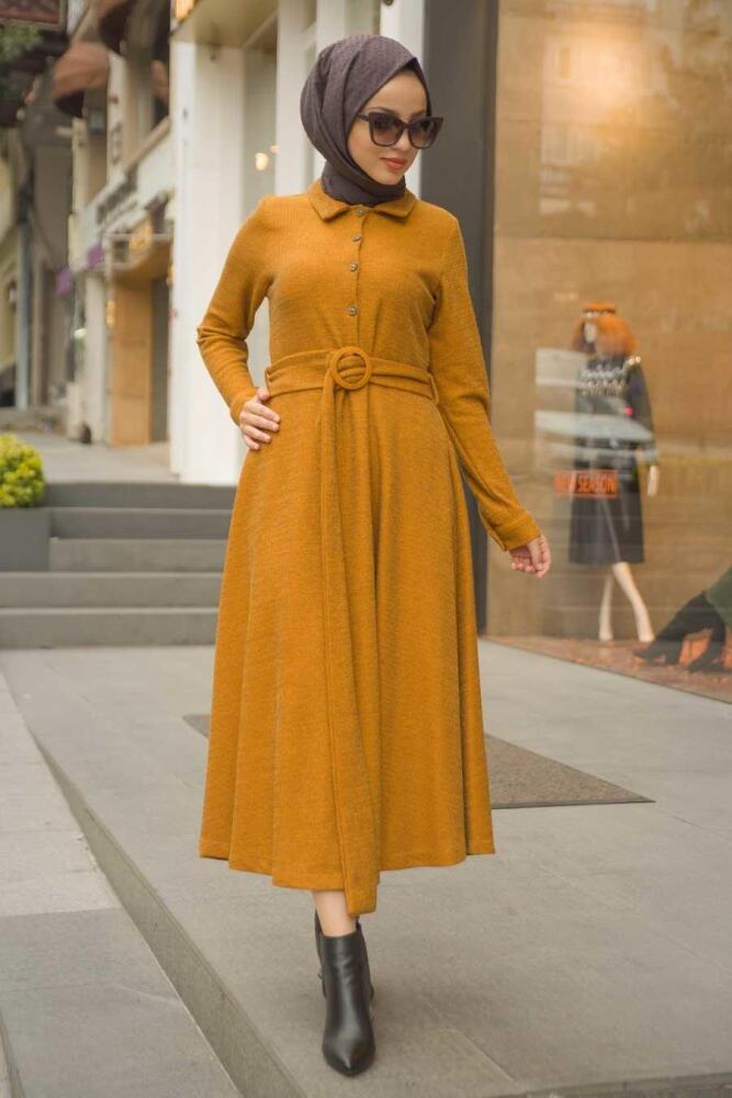 Neva Style - Yakası Düğmeli Hardal Tesettür Elbise 1391HR - 1