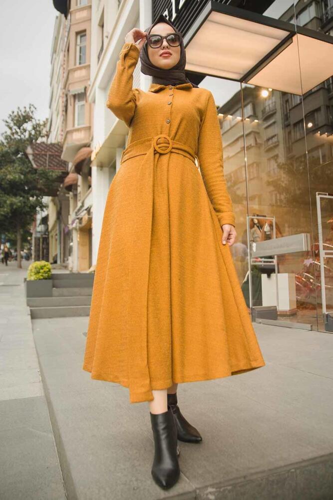 Neva Style - Yakası Düğmeli Hardal Tesettür Elbise 1391HR - 2