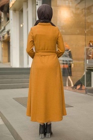 Neva Style - Yakası Düğmeli Hardal Tesettür Elbise 1391HR - Thumbnail