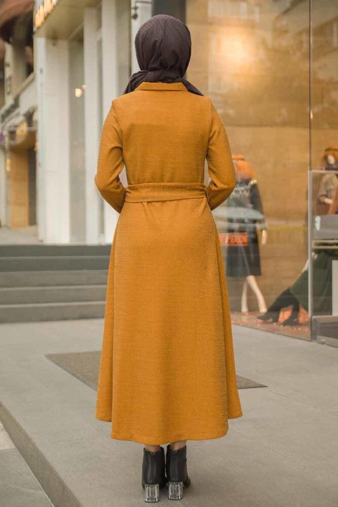 Neva Style - Yakası Düğmeli Hardal Tesettür Elbise 1391HR - 3
