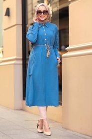 Neva Style - Yakası Düğmeli İndigo Mavisi Tesettür Tunik 10078IM - Thumbnail