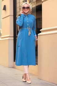 Neva Style - Yakası Düğmeli İndigo Mavisi Tesettür Tunik 10078IM - Thumbnail