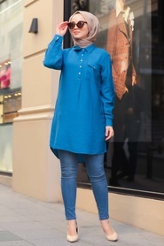 Neva Style - Yakası Düğmeli İndigo Mavisi Tesettür Tunik 5699IM - Thumbnail