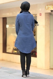 Neva Style - Yakası Düğmeli İndigo Mavisi Tesettür Tunik 5750IM - Thumbnail