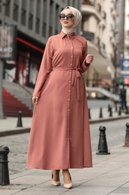 Neva Style - Yakası Düğmeli Kiremit Tesettür Elbise 475KRMT - Thumbnail
