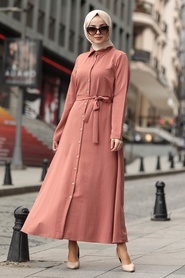 Neva Style - Yakası Düğmeli Kiremit Tesettür Elbise 475KRMT - Thumbnail
