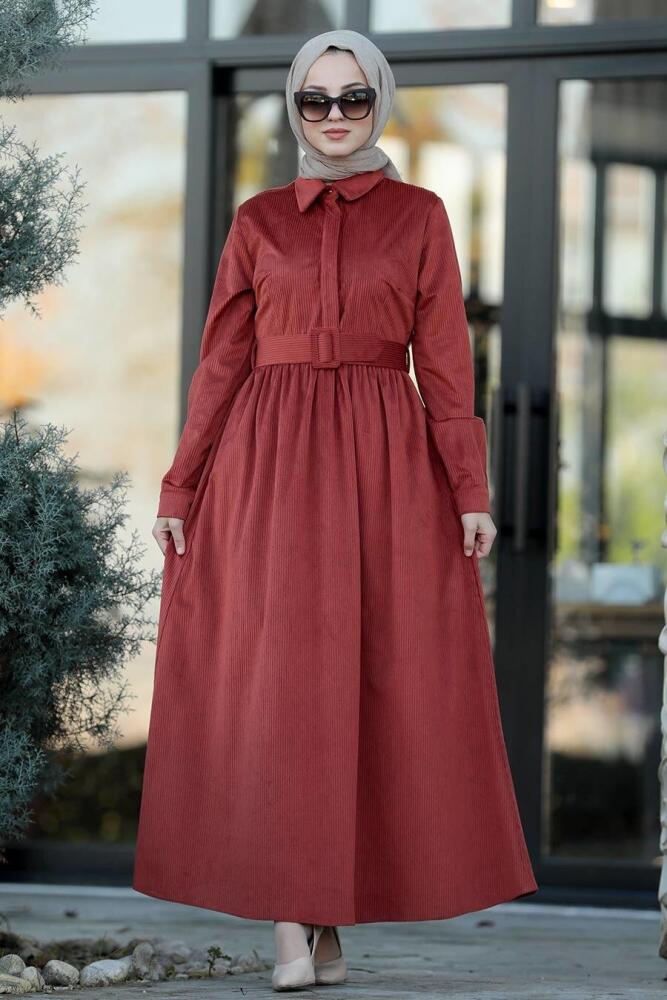 Neva Style - Kiremit Tesettür Fitilli Kadife Elbise 22143KRMT - 1