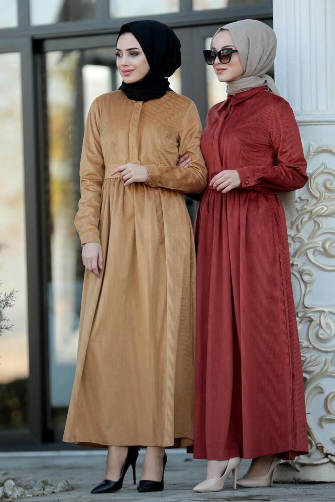 Neva Style - Kiremit Tesettür Fitilli Kadife Elbise 22143KRMT - 2