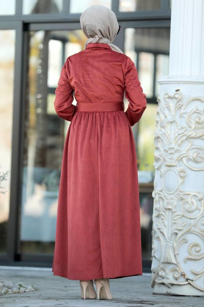 Neva Style - Kiremit Tesettür Fitilli Kadife Elbise 22143KRMT - 3