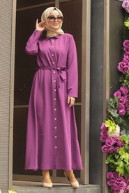 Neva Style - Yakası Düğmeli Mor Tesettür Elbise 475MOR - Thumbnail