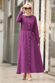 Neva Style - Yakası Düğmeli Mor Tesettür Elbise 475MOR - Thumbnail