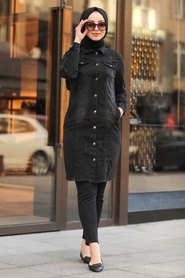 Neva Style - Yakası Düğmeli Siyah Kot Ceket 10618S - Thumbnail