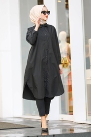 Neva Style - Yakası Düğmeli Siyah Tesettür Tunik 1021S - Thumbnail