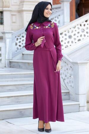 Neva Style - Yakası İşlemeli Fuşya Elbise - 1