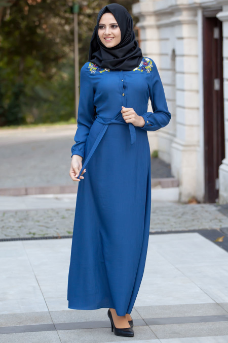 Neva Style - Yakası İşlemeli Petrol Mavisi Elbise