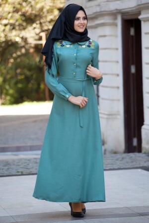 Neva Style - Kolları Pileli Yeşil Elbise - 1