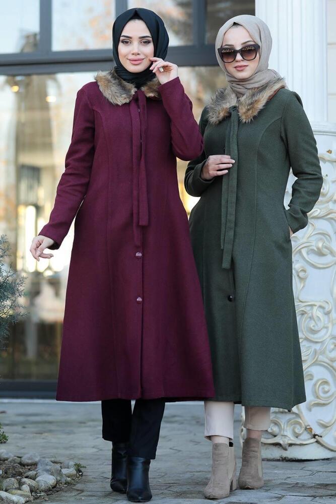 Neva Style - Yakası Kürklü Bordo Tesettür Kap 50840BR - 3
