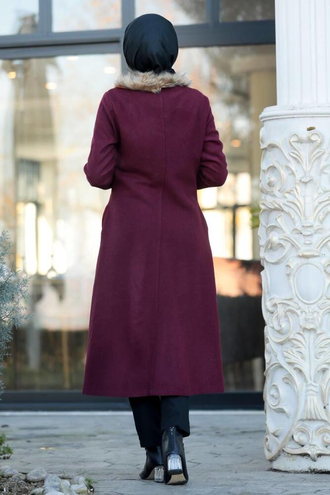 Neva Style - Yakası Kürklü Bordo Tesettür Kap 50840BR - 4