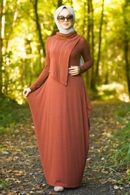 Neva Style - Yakası Taşlı Kiremit Tesettür Elbise 3116KRMT - Thumbnail