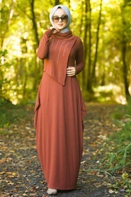 Neva Style - Yakası Taşlı Kiremit Tesettür Elbise 3116KRMT - Thumbnail