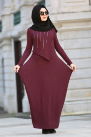 Neva Style - Yakası Taşlı Mürdüm Tesettür Elbise 3116MU - Thumbnail