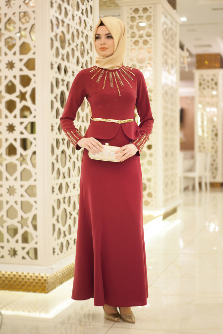 Neva Style - Yakası Taşlı Peplum Bordo Tesettür Elbise 5358BR